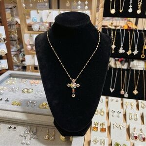💓 Rainbow rhinestone cross Necklace, gold chain stainless steel